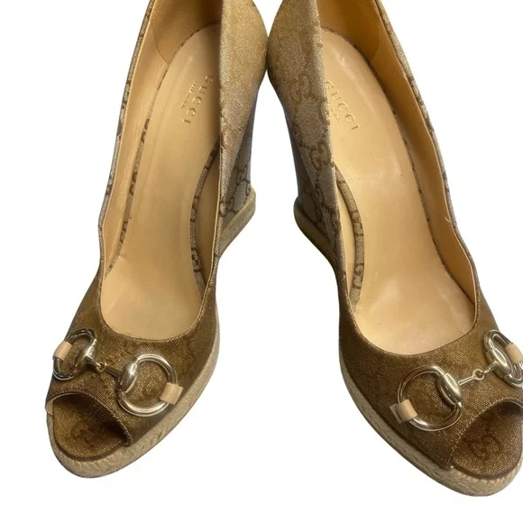Gucci GG Canvas Charlotte Horsebit Wedge Espadrille Peep Toe Pumps  Size EU 39 - Picture 7 of 11